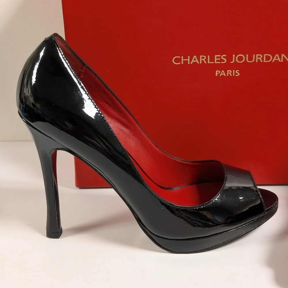 Charles Jourdan Paris Glossy Black Patent Leather Peep Toe Stilettos NIB 6.5